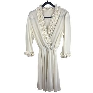 Vintage Womens Cream Long Sleeve Ruffle Neck Dress